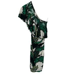 Tracy Reese One Shoulder Dress Green Leaf‎ Print Ruffle Detail XS